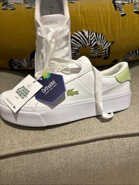 Lacoste White Sneakers with Light Green Heel and Logo